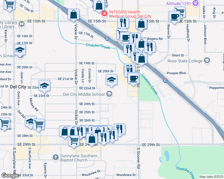 map of restaurants, bars, coffee shops, grocery stores, and more near 2300 Linda Lane in Del City