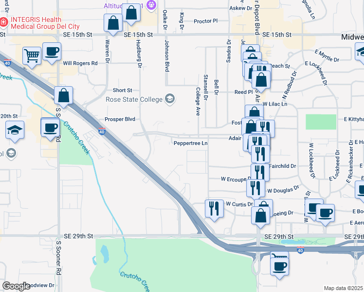 map of restaurants, bars, coffee shops, grocery stores, and more near 613 Peppertree Lane in Midwest City