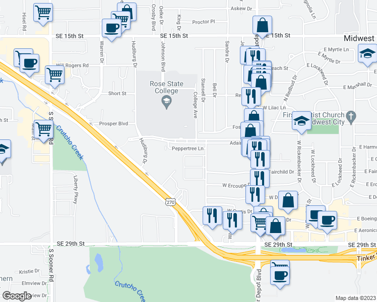 map of restaurants, bars, coffee shops, grocery stores, and more near 522 Peppertree Lane in Midwest City