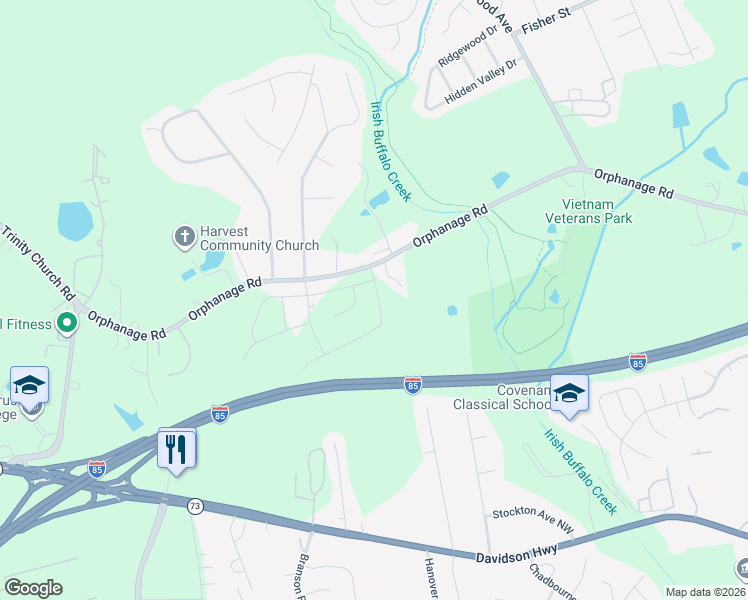 map of restaurants, bars, coffee shops, grocery stores, and more near 4115 Orphanage Road in Concord