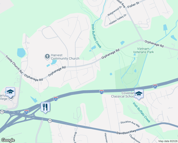 map of restaurants, bars, coffee shops, grocery stores, and more near 4142 Orphanage Road in Concord