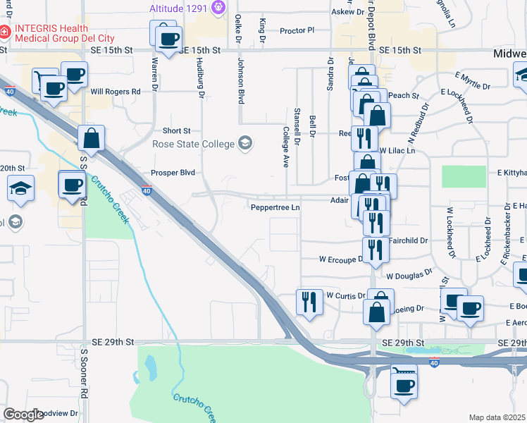 map of restaurants, bars, coffee shops, grocery stores, and more near 613 Peppertree Lane in Midwest City