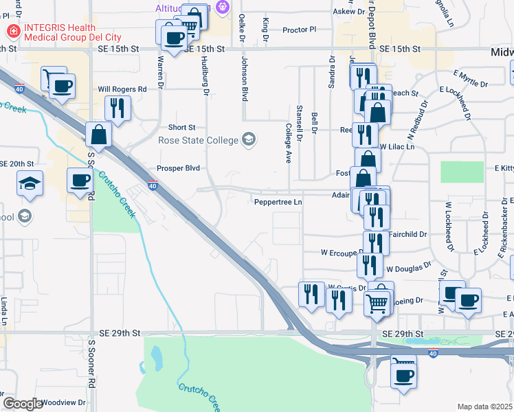 map of restaurants, bars, coffee shops, grocery stores, and more near 613 Peppertree Lane in Midwest City