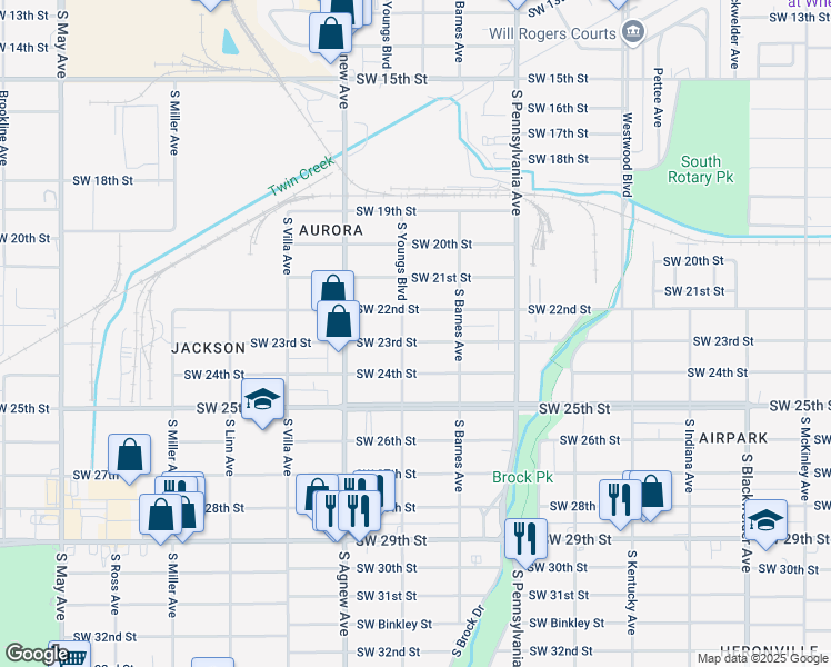 map of restaurants, bars, coffee shops, grocery stores, and more near 2305 South Youngs Boulevard in Oklahoma City