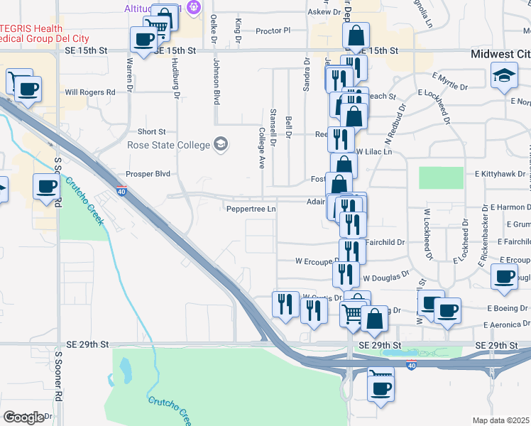 map of restaurants, bars, coffee shops, grocery stores, and more near 508 Peppertree Lane in Midwest City