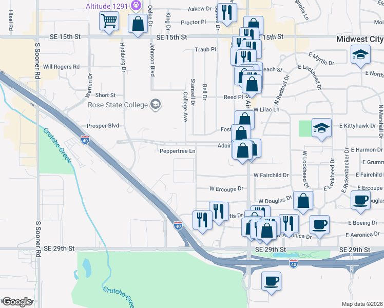 map of restaurants, bars, coffee shops, grocery stores, and more near in Midwest City