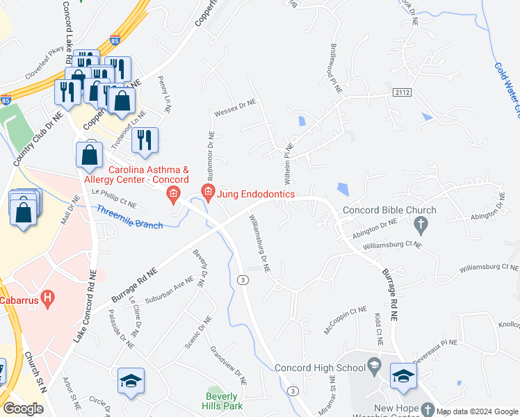 map of restaurants, bars, coffee shops, grocery stores, and more near 823 Burrage Road Northeast in Concord