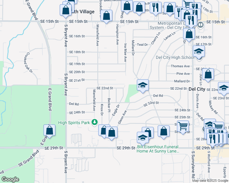 map of restaurants, bars, coffee shops, grocery stores, and more near 3600 Southeast 22nd Street in Del City