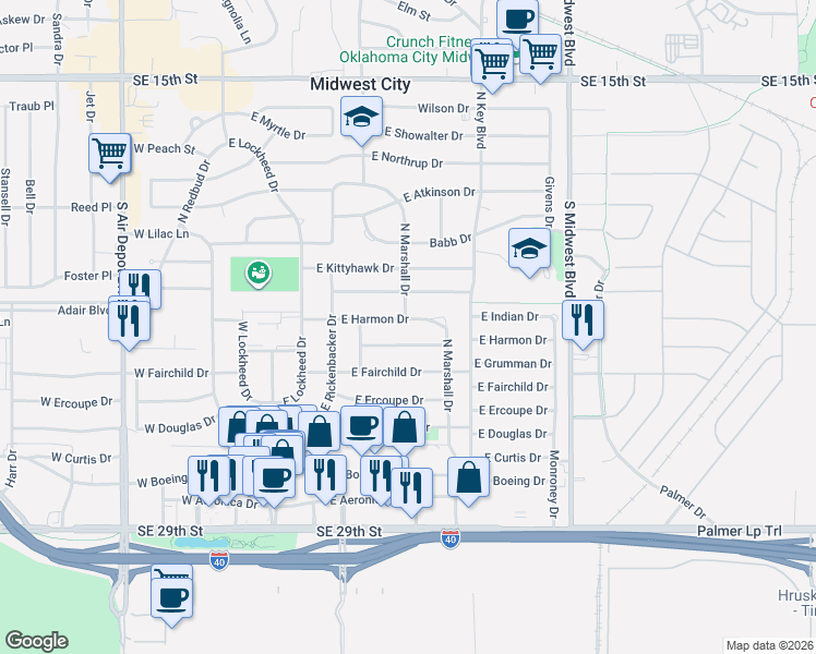 map of restaurants, bars, coffee shops, grocery stores, and more near 319 East Harmon Drive in Midwest City