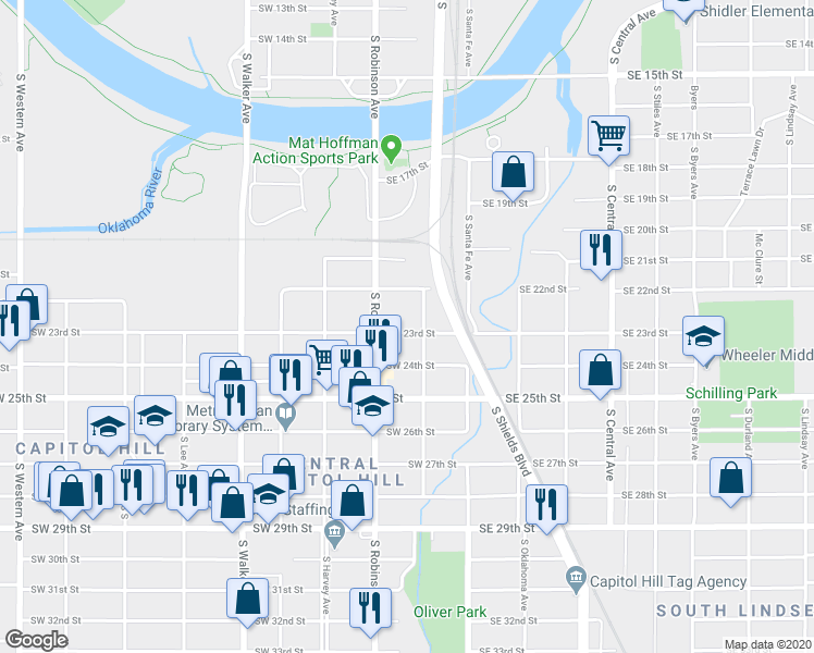 map of restaurants, bars, coffee shops, grocery stores, and more near 111 Southwest 23rd Street in Oklahoma City