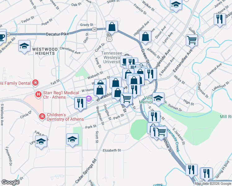 map of restaurants, bars, coffee shops, grocery stores, and more near 123 Washington Ave in Athens