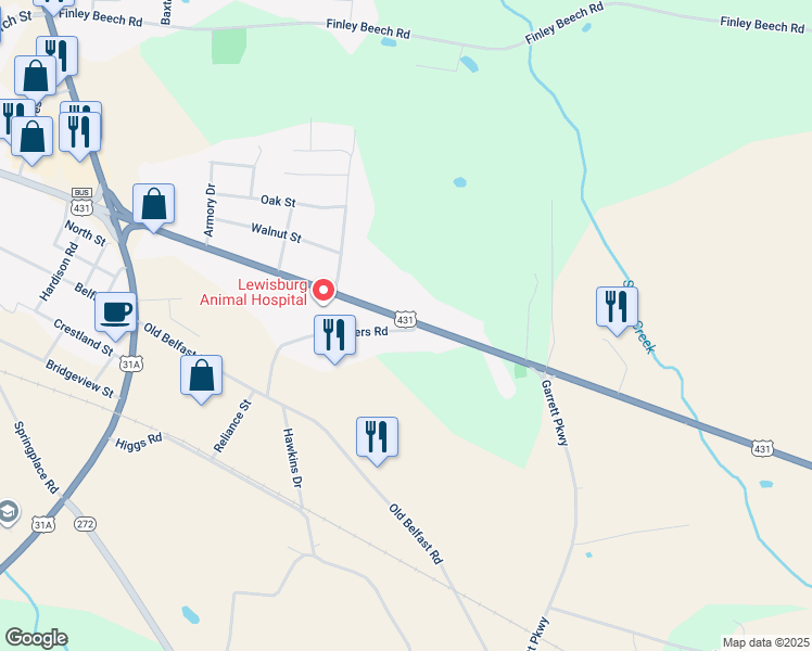 map of restaurants, bars, coffee shops, grocery stores, and more near 1191 East Commerce Street in Lewisburg