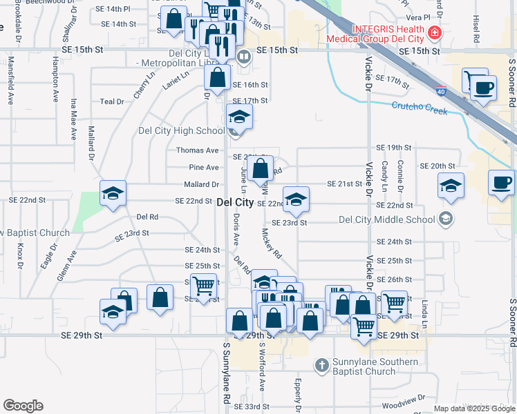 map of restaurants, bars, coffee shops, grocery stores, and more near 4325 Southeast 22nd Street in Del City