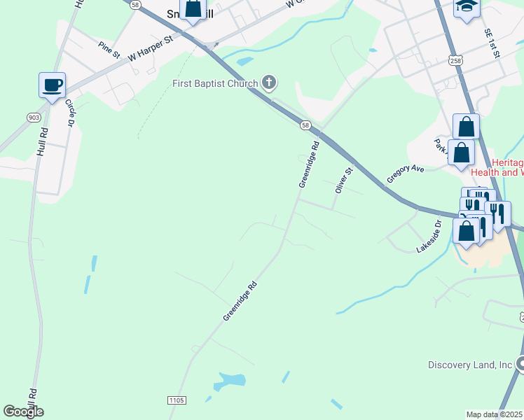 map of restaurants, bars, coffee shops, grocery stores, and more near 505 Sturbridge Drive in Snow Hill