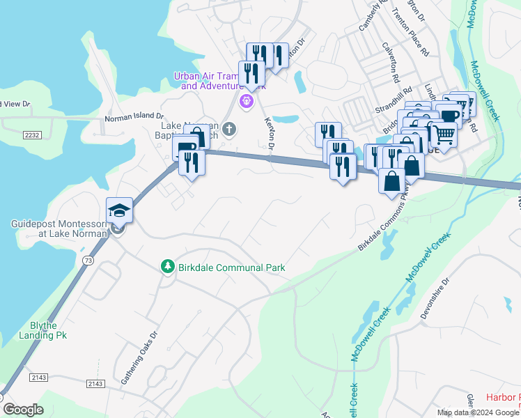 map of restaurants, bars, coffee shops, grocery stores, and more near 16507 Grapperhall Drive in Huntersville