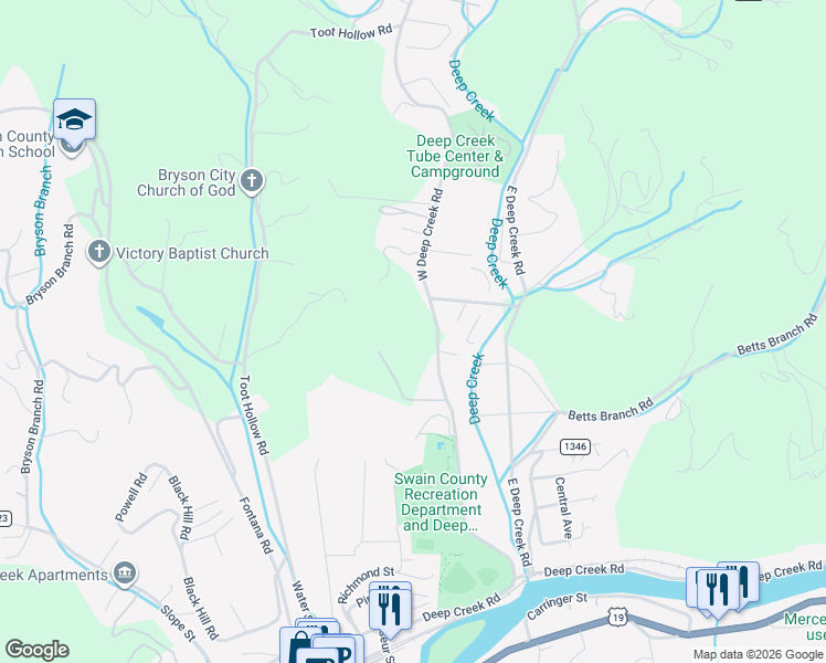 map of restaurants, bars, coffee shops, grocery stores, and more near 555 West Deep Creek Road in Bryson City