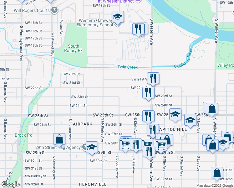 map of restaurants, bars, coffee shops, grocery stores, and more near 1044 Southwest 22nd Street in Oklahoma City
