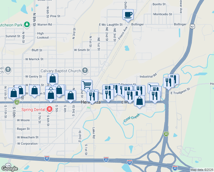 map of restaurants, bars, coffee shops, grocery stores, and more near North B Street in Henryetta