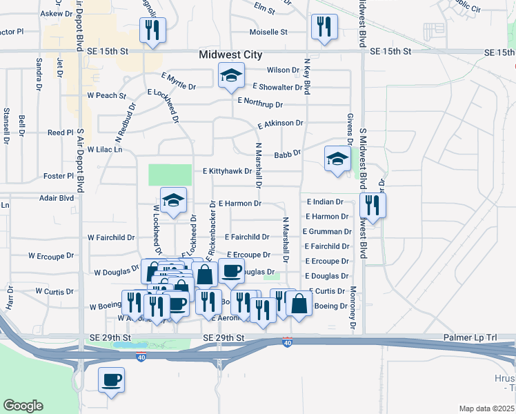 map of restaurants, bars, coffee shops, grocery stores, and more near 319 East Harmon Drive in Midwest City