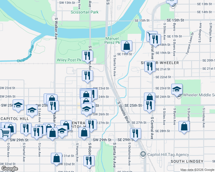 map of restaurants, bars, coffee shops, grocery stores, and more near 19 Southwest 23rd Street in Oklahoma City