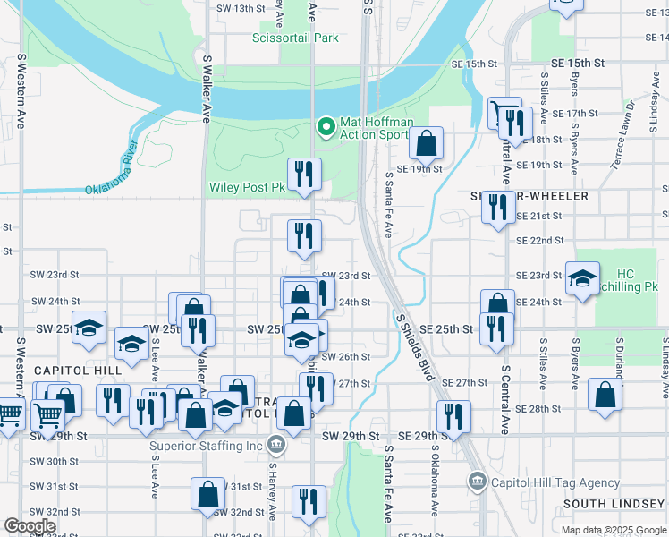 map of restaurants, bars, coffee shops, grocery stores, and more near 114 Southwest 22nd Street in Oklahoma City