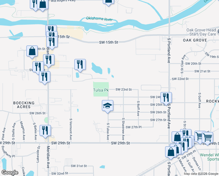 map of restaurants, bars, coffee shops, grocery stores, and more near 4045 Southwest 23rd Street in Oklahoma City