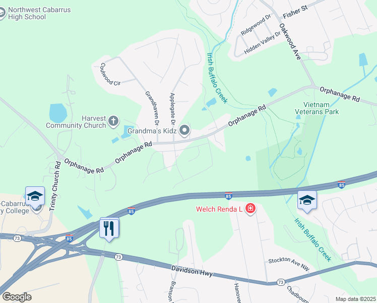 map of restaurants, bars, coffee shops, grocery stores, and more near 4142 Orphanage Road in Concord