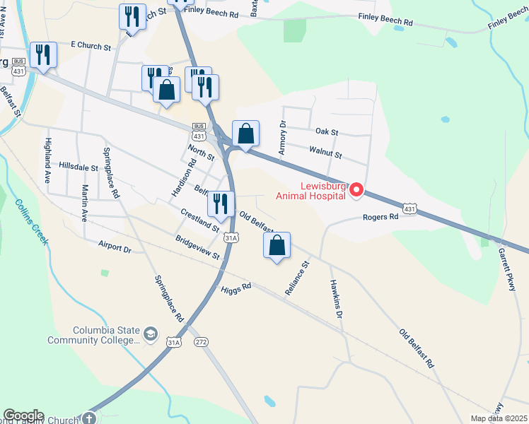 map of restaurants, bars, coffee shops, grocery stores, and more near 341 South Ellington Parkway in Lewisburg
