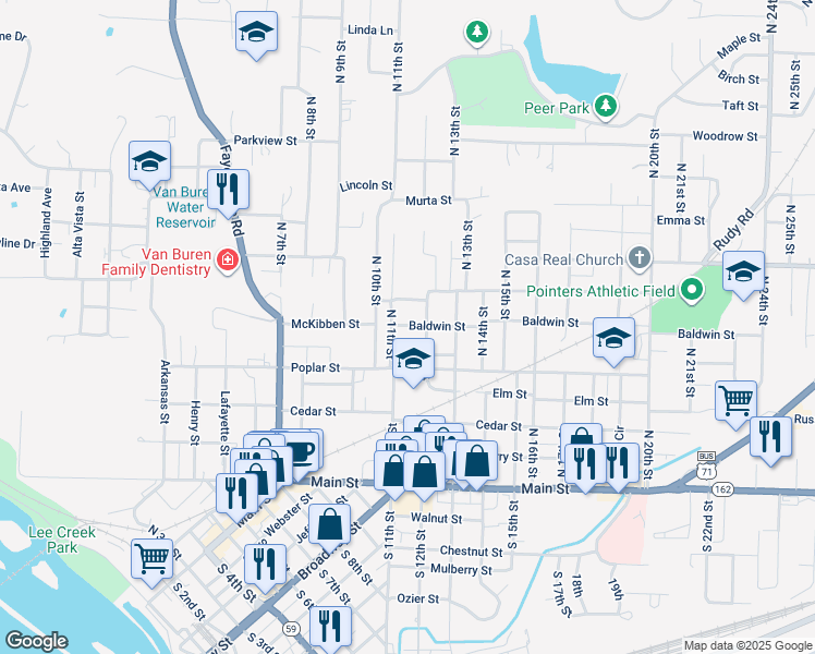 map of restaurants, bars, coffee shops, grocery stores, and more near 1121 Baldwin Street in Van Buren