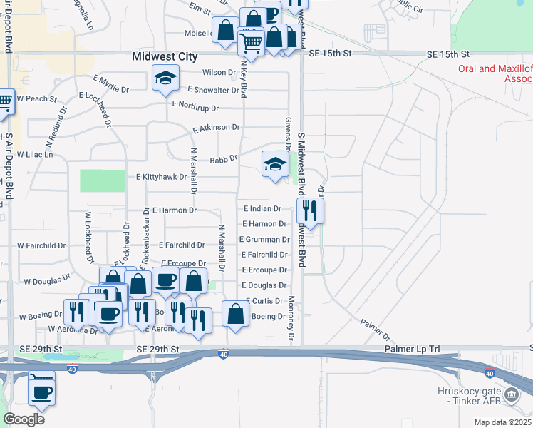 map of restaurants, bars, coffee shops, grocery stores, and more near 532 East Indian Drive in Oklahoma City