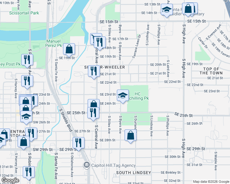map of restaurants, bars, coffee shops, grocery stores, and more near 2322 South Stiles Avenue in Oklahoma City
