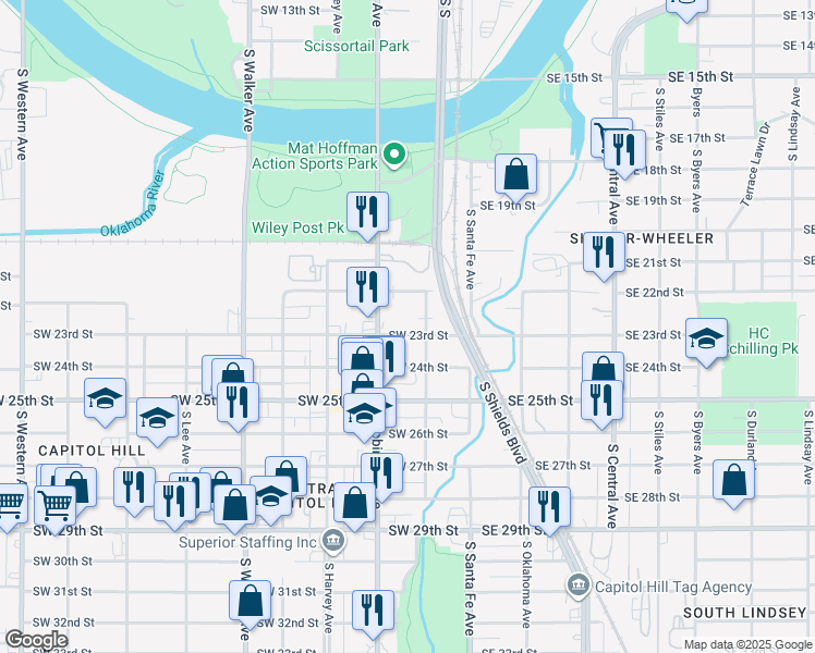 map of restaurants, bars, coffee shops, grocery stores, and more near 114 Southwest 22nd Street in Oklahoma City