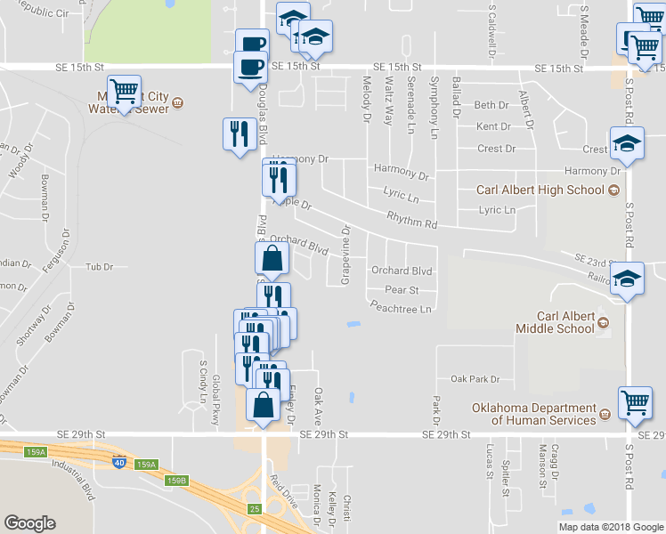 map of restaurants, bars, coffee shops, grocery stores, and more near 2412 Cherry Lane in Oklahoma City