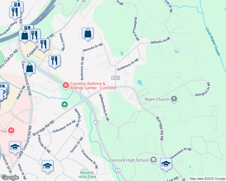 map of restaurants, bars, coffee shops, grocery stores, and more near 789 Burrage Road Northeast in Concord
