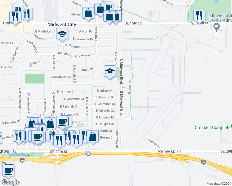 map of restaurants, bars, coffee shops, grocery stores, and more near 556 East Indian Drive in Midwest City