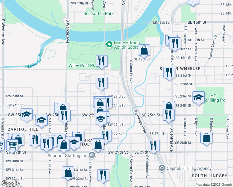 map of restaurants, bars, coffee shops, grocery stores, and more near 114 Southwest 22nd Street in Oklahoma City