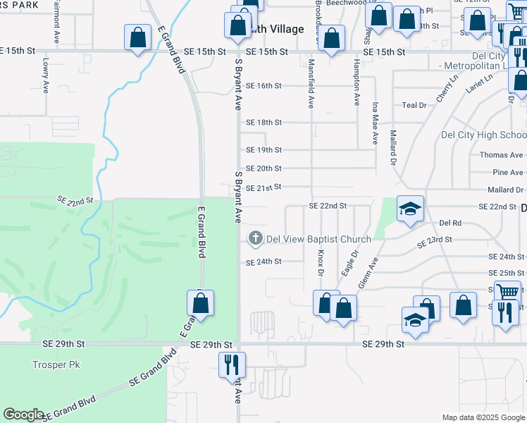 map of restaurants, bars, coffee shops, grocery stores, and more near 3016 Southeast 22nd Circle in Del City