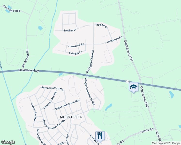 map of restaurants, bars, coffee shops, grocery stores, and more near 2000 Wellington Chase Drive in Concord
