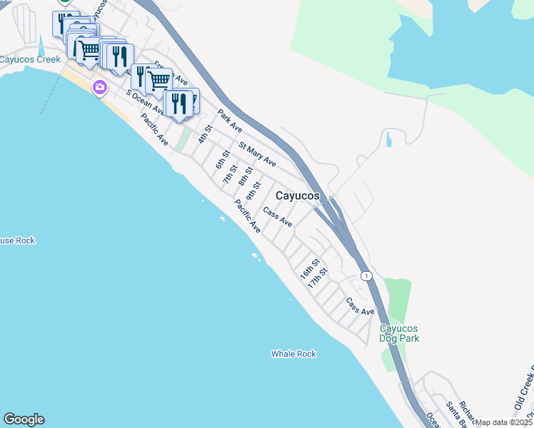 map of restaurants, bars, coffee shops, grocery stores, and more near 1096 Cass Avenue in Cayucos