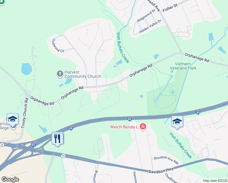 map of restaurants, bars, coffee shops, grocery stores, and more near 4142 Orphanage Road in Concord