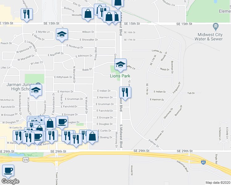 map of restaurants, bars, coffee shops, grocery stores, and more near 558 East Indian Drive in Midwest City