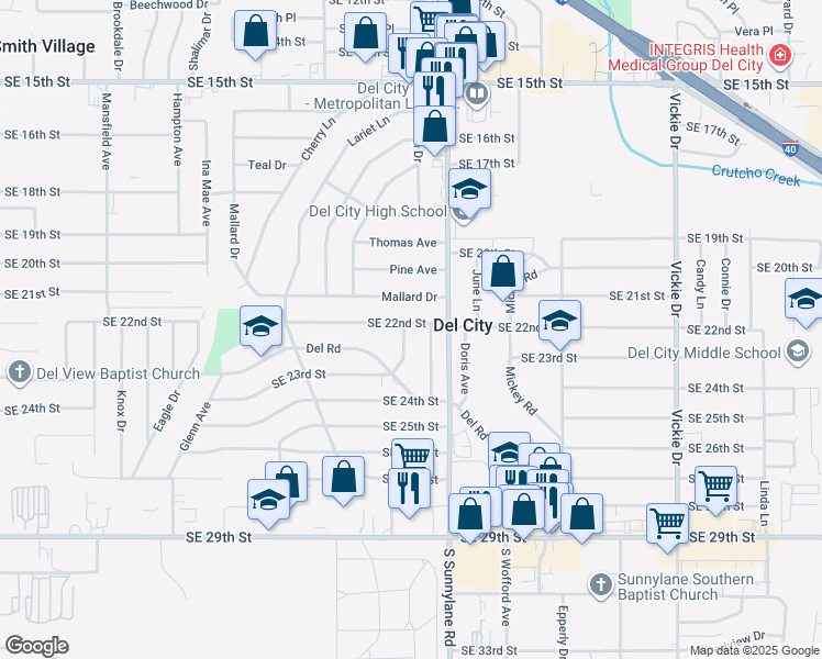 map of restaurants, bars, coffee shops, grocery stores, and more near 4200 SE 22nd St in Del City