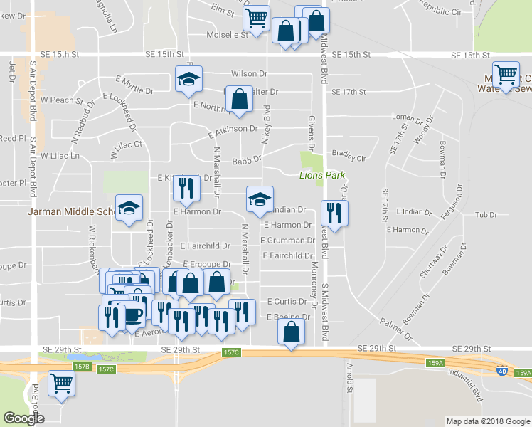 map of restaurants, bars, coffee shops, grocery stores, and more near 502 East Indian Drive in Midwest City