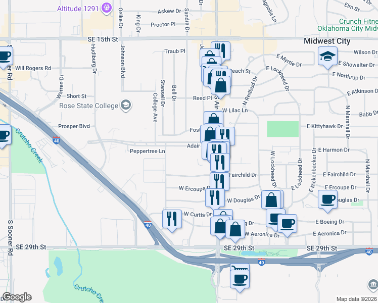 map of restaurants, bars, coffee shops, grocery stores, and more near 600 Adair Boulevard in Midwest City