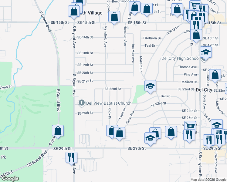 map of restaurants, bars, coffee shops, grocery stores, and more near 2301 Becker Place in Del City