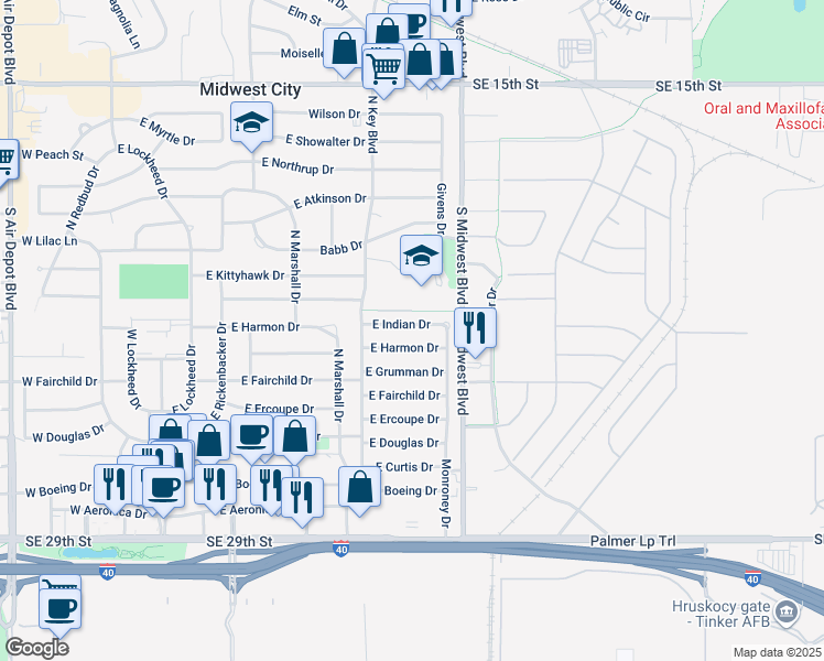 map of restaurants, bars, coffee shops, grocery stores, and more near 532 East Indian Drive in Oklahoma City
