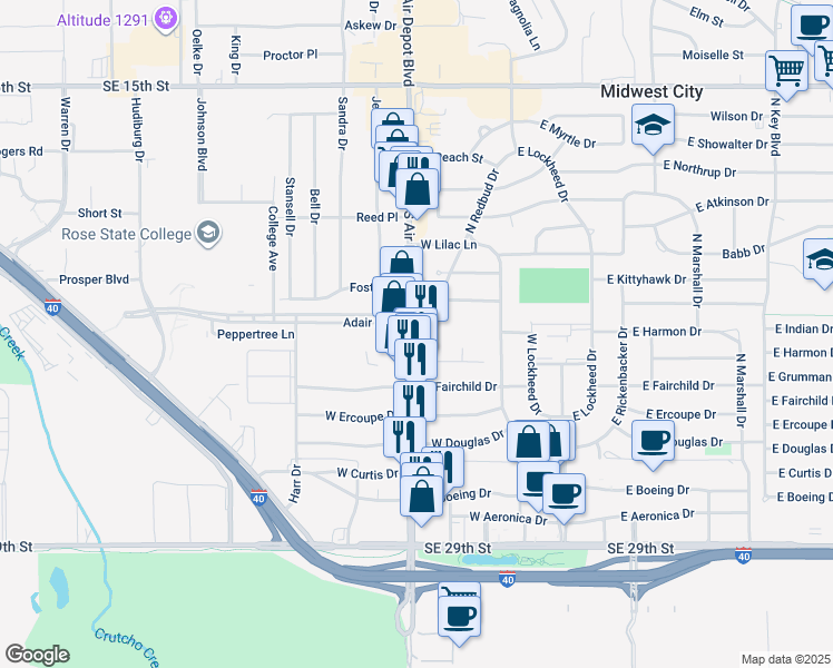 map of restaurants, bars, coffee shops, grocery stores, and more near 2300 South Air Depot Boulevard in Midwest City