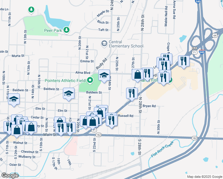 map of restaurants, bars, coffee shops, grocery stores, and more near 508 North 24th Street in Van Buren