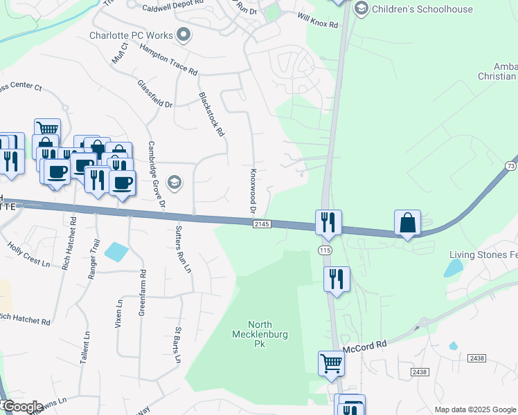 map of restaurants, bars, coffee shops, grocery stores, and more near 16824 Knoxwood Drive in Huntersville