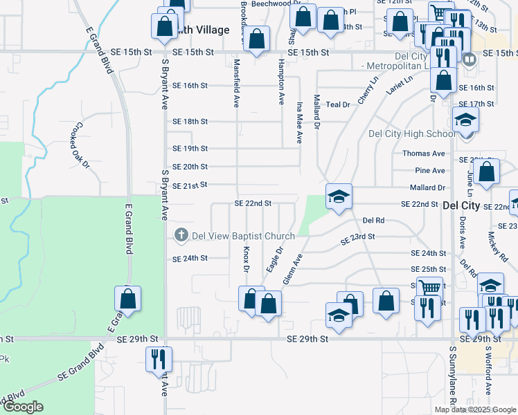 map of restaurants, bars, coffee shops, grocery stores, and more near 2301 Becker Pl in Del City